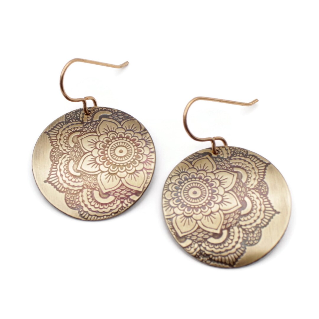 Bronze Mandala Flower Disc Handmade Earrings 8th Anniversary Gift for Her by Pillar of Salt Studio